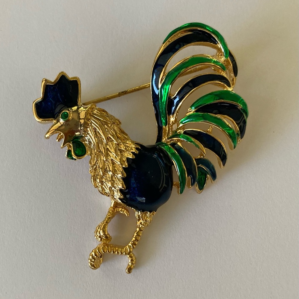 Vintage Brooch Pin Enamel Rooster Gold Rhinestone - Picture 3 of 5